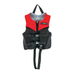 Child MC Neo life vest in red and black, featuring a zip closure, two buckles, and an adjustable safety strap.