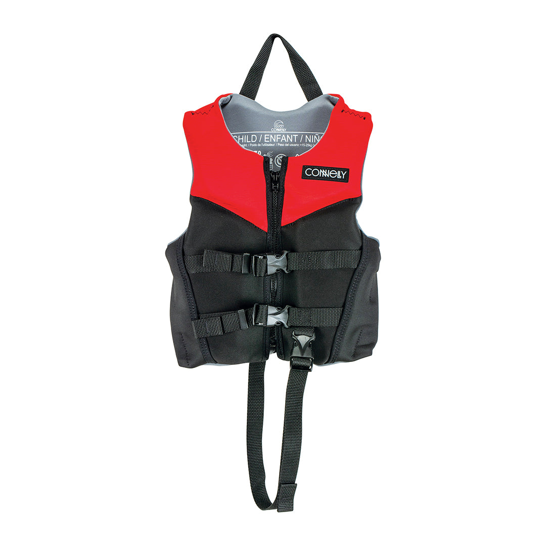 Child MC Neo life vest in red and black, featuring a zip closure, two buckles, and an adjustable safety strap.