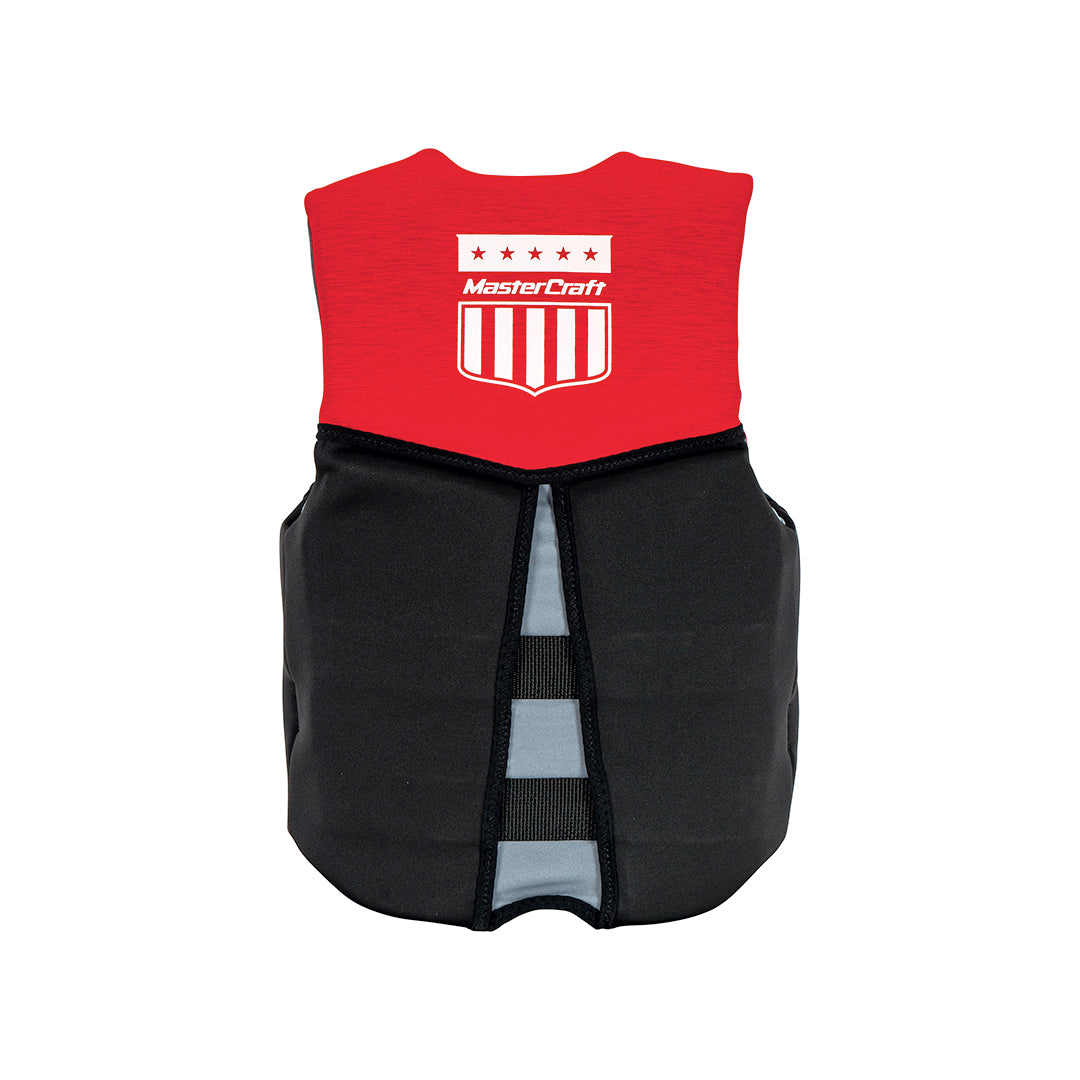 Back of Junior MC Neo Vest with a red upper section, black lower section, and a white MasterCraft logo.