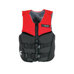 Front of Junior MC Neo Vest with a red and black design, zippered front, black buckle straps, and soft neoprene material.