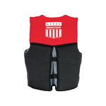 Youth view of the Youth MC Neo life vest in red and black, with a MasterCraft logo, grab handle, and black safety strap.