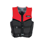 Youth MC Neo life vest in red and black, featuring a zip closure, two buckles, and an adjustable safety strap.