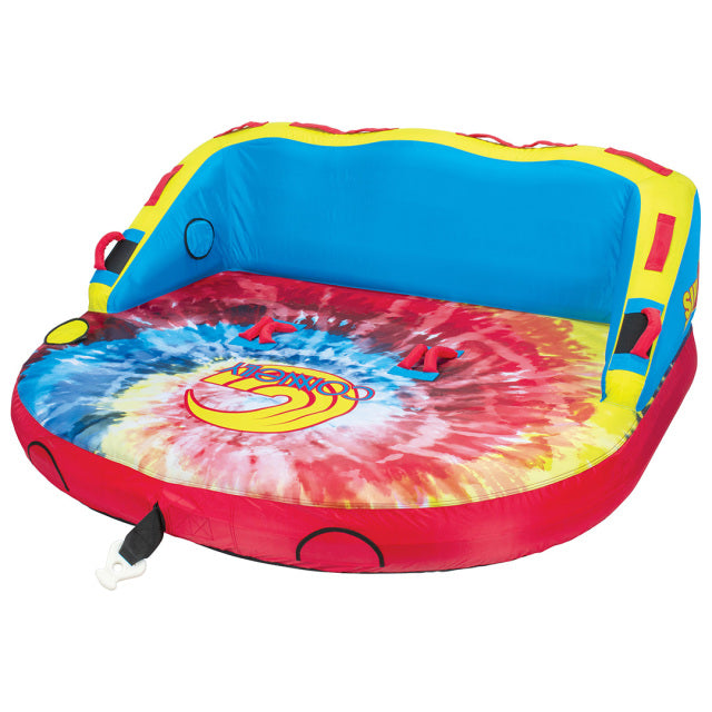 Super Fun 3 inflatable tube with a tie-dye base, blue backrest, red sides, yellow accents, and multiple grab handles.