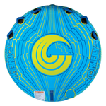 Top view of the Triple Play towable tube, blue with a yellow Connelly logo and multiple black handles around the edges.