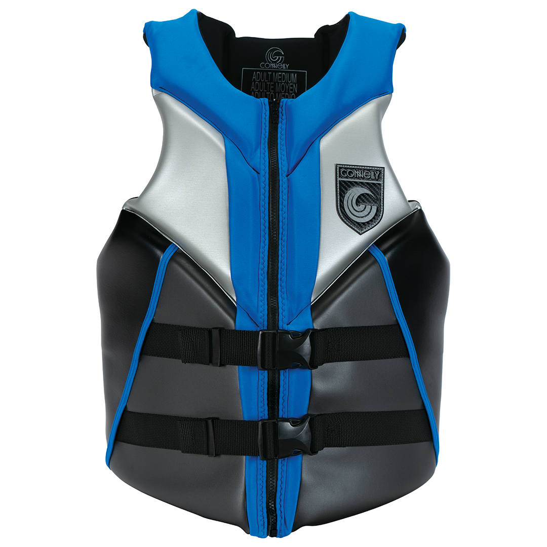 Front view of the V Neo Vest, featuring a blue, silver, and black design with two black buckle straps and a front zipper.