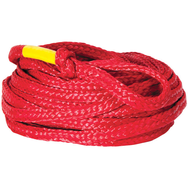 Coiled red Value Tube Rope; a braided rope designed for towing tubes on the water.