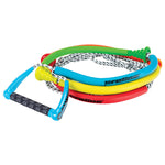 Proline Tug Surf Rope with a white braided mainline and multicolor foam grips in blue, yellow, red, and green.