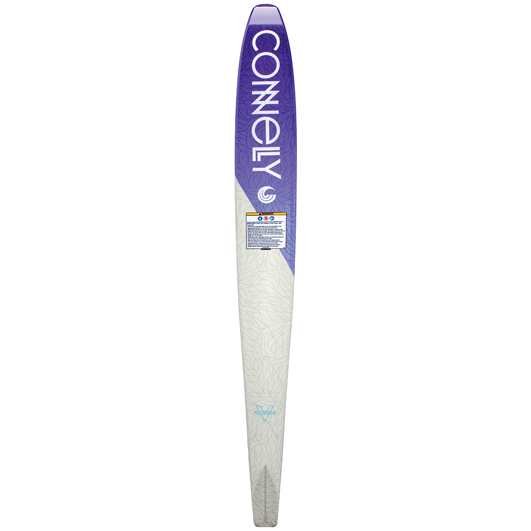 Base of the Connelly Women's Aspect slalom ski, with a white and purple gradient design and a Connelly logo near the tip.