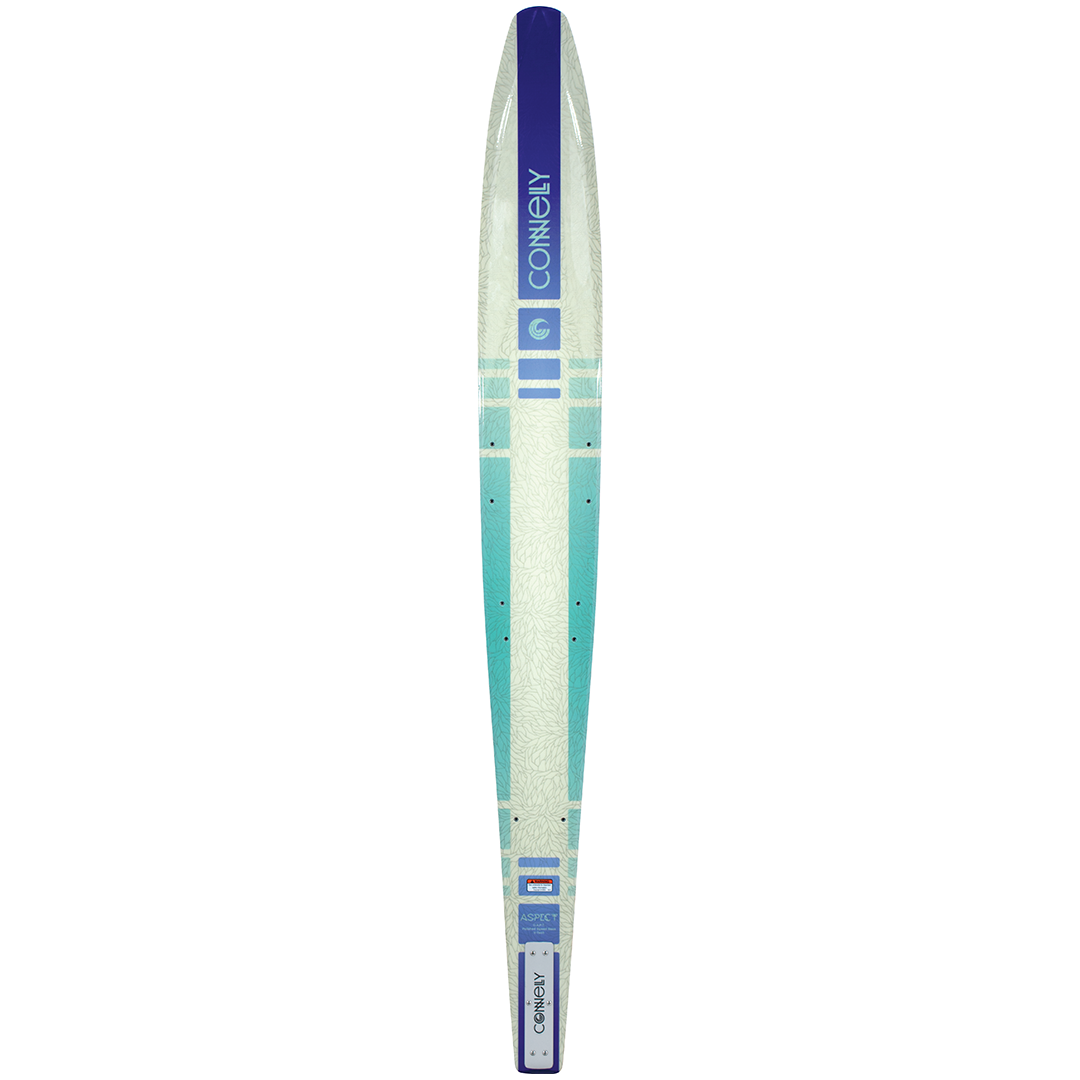 Connelly Women's Aspect slalom ski, featuring a white-to-teal gradient design with blue branding and an intricate textured pattern.