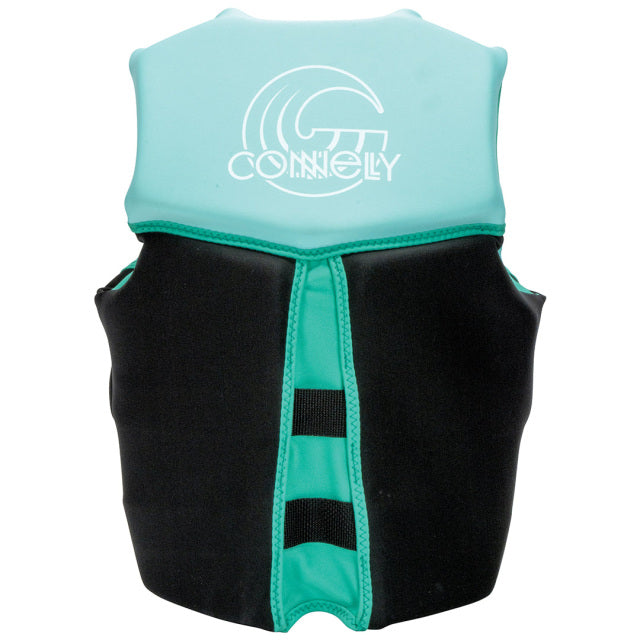 Back view of the Connelly Women's Classic Neo Vest in mint green and black, featuring a Connelly logo and ergonomic paneling.