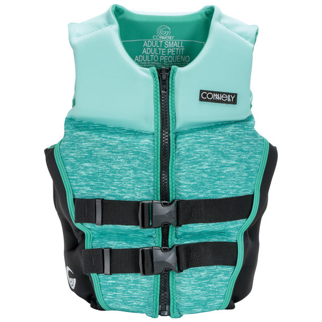 Front view of the Connelly Women's Classic Neo Vest in mint green and black, with a zippered closure and adjustable straps.