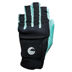 Top view of the Women's Promo Glove showing a black and teal design with the Connelly logo on the wrist strap.