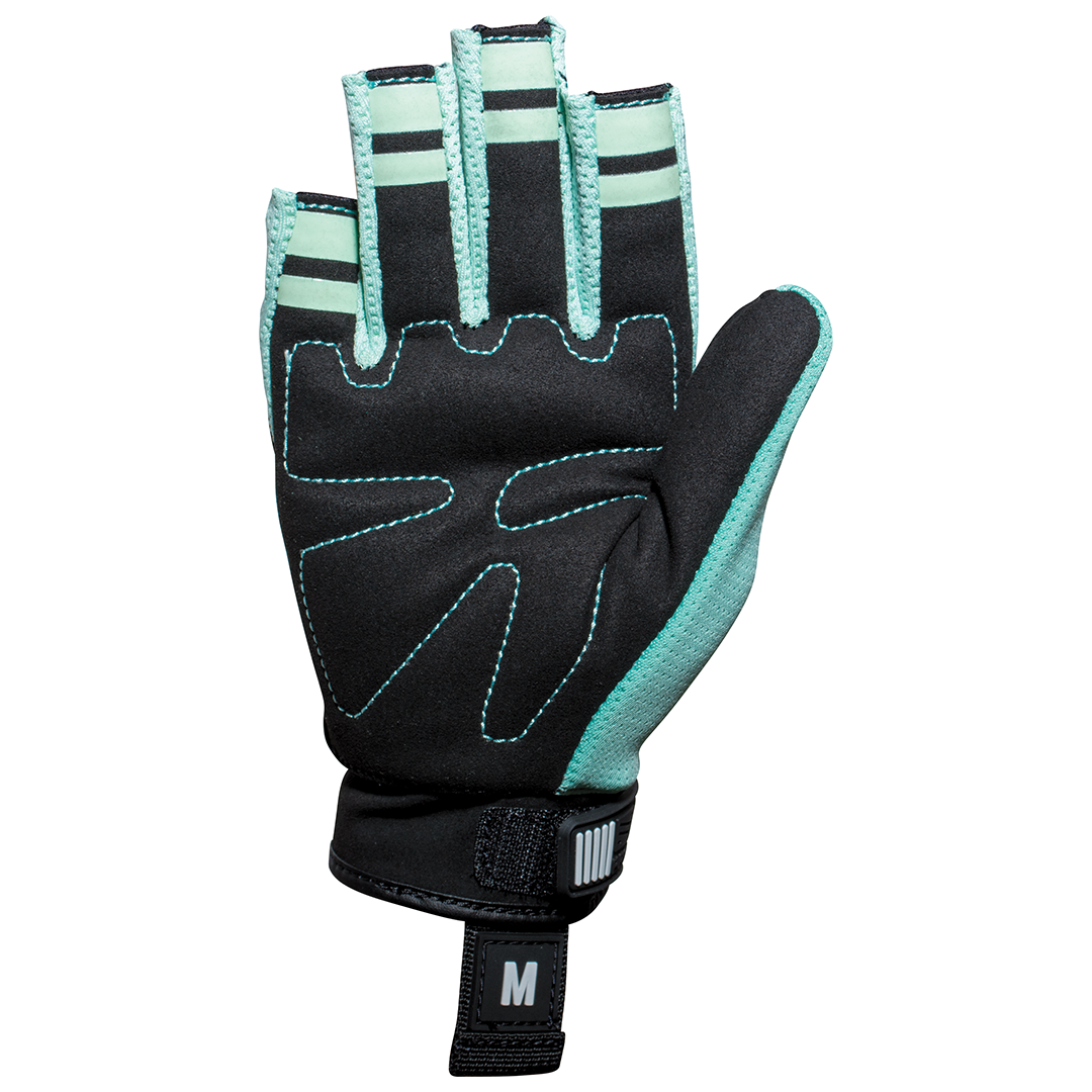 Palm view of the Women's Promo Glove with a black palm, teal stitching, and reinforced finger sections.