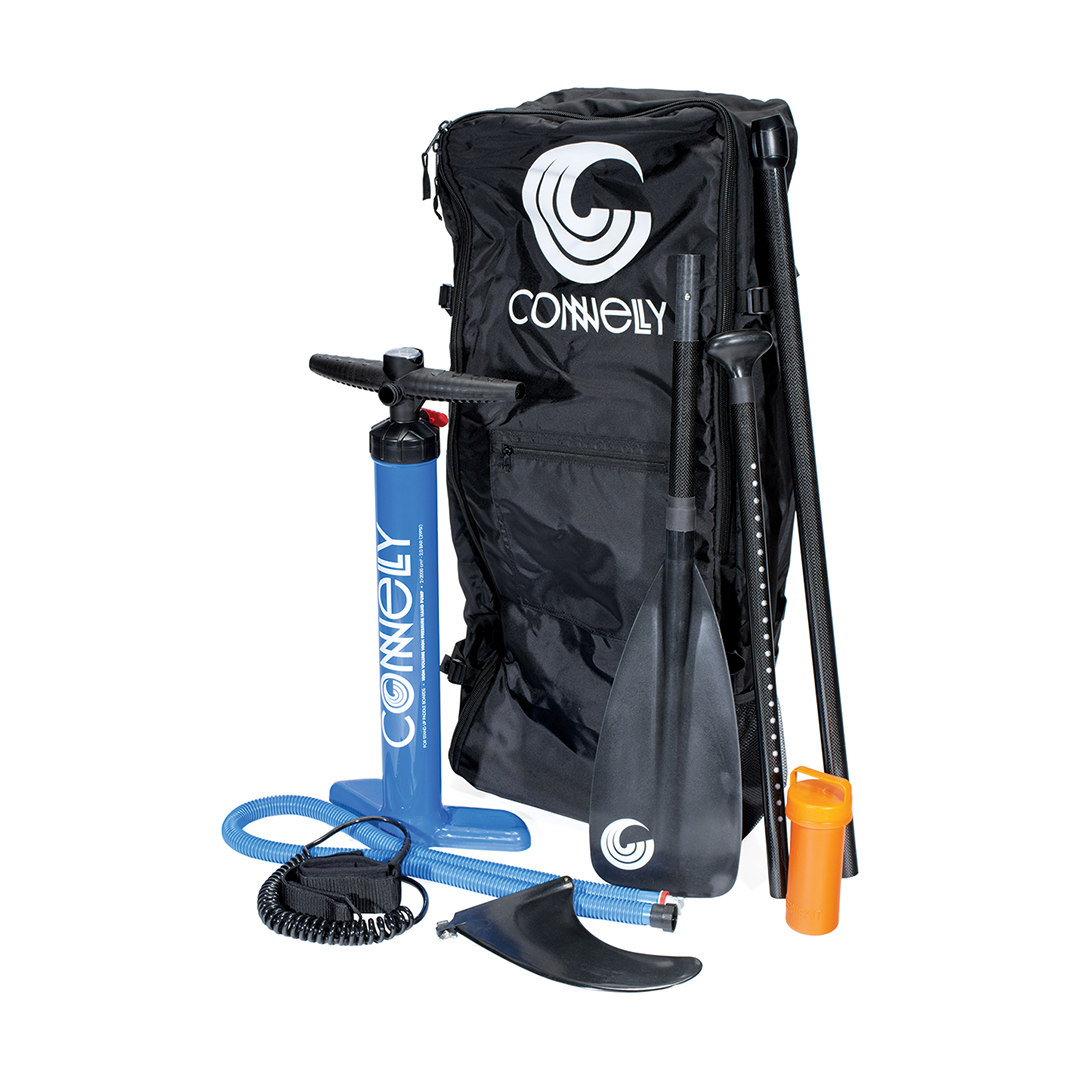 iSUP accessory kit including a black backpack, blue pump, three-piece paddle, leash, fin, and repair kit.